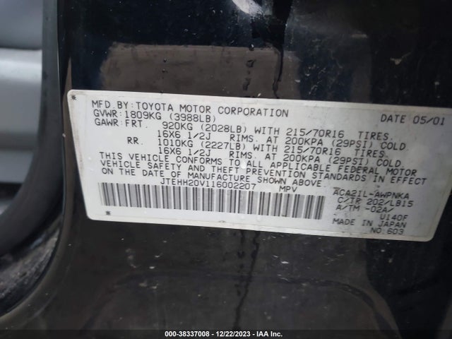 2001 TOYOTA RAV4 BASE (A4) VIN: JTEHH20V116002207