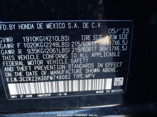 3CZRZ2H30PM748062 Honda Hr-v Awd Lx