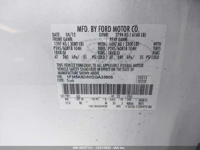 2013 FORD EXPLORER XLT VIN: 1FM5K8D80DGA33605
