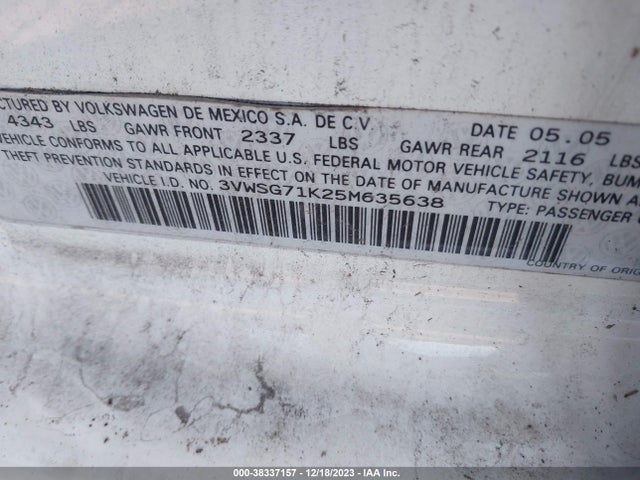 2005 VOLKSWAGEN JETTA 2.5 VIN: 3VWSG71K25M635638