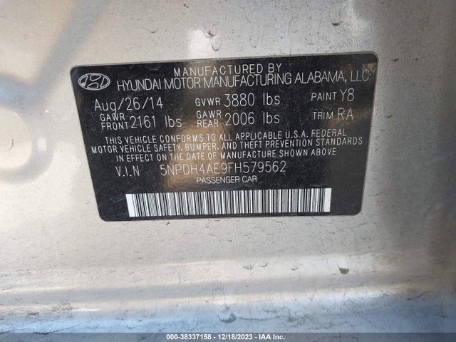 2015 HYUNDAI ELANTRA SE VIN: 5NPDH4AE9FH579562