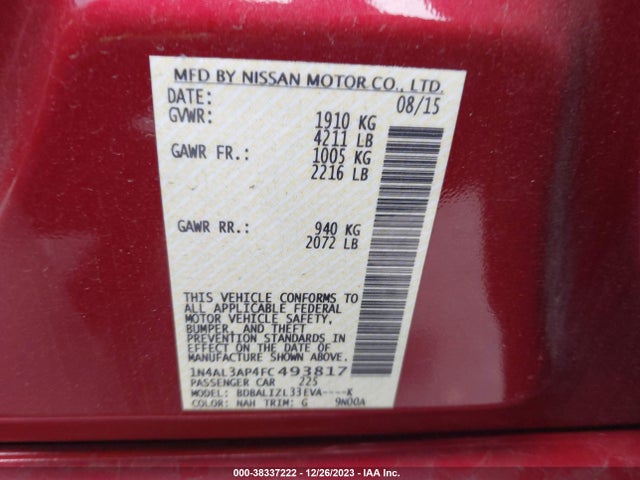 2015 NISSAN ALTIMA 2.5 SV VIN: 1N4AL3AP4FC493817