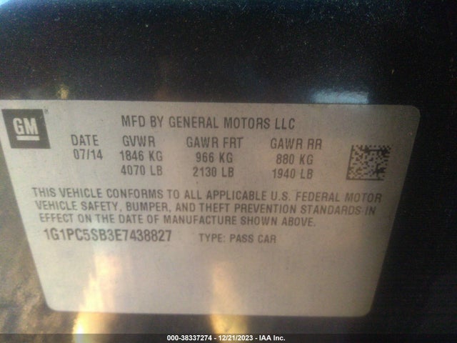 2014 CHEVROLET CRUZE 1LT AUTO VIN: 1G1PC5SB3E7438827