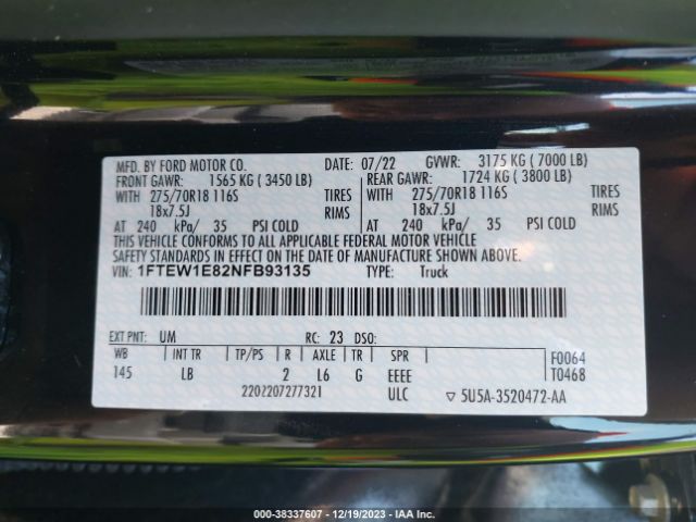 1FTEW1E82NFB93135 Ford F-150 Tremor