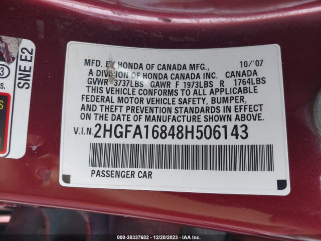 2008 HONDA CIVIC EX VIN: 2HGFA16848H506143