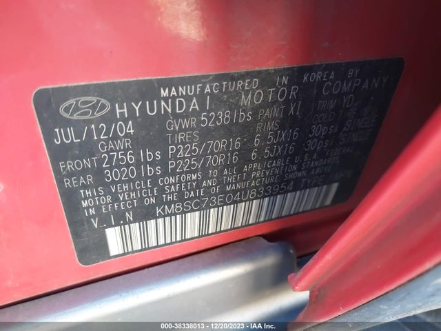 2004 HYUNDAI SANTA FE GLS/LX VIN: KM8SC73E04U833954