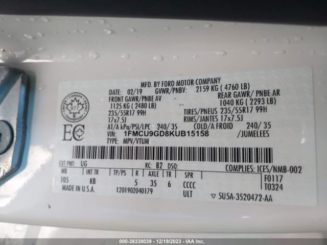 1FMCU9GD8KUB15158 Ford ESCAPE SE