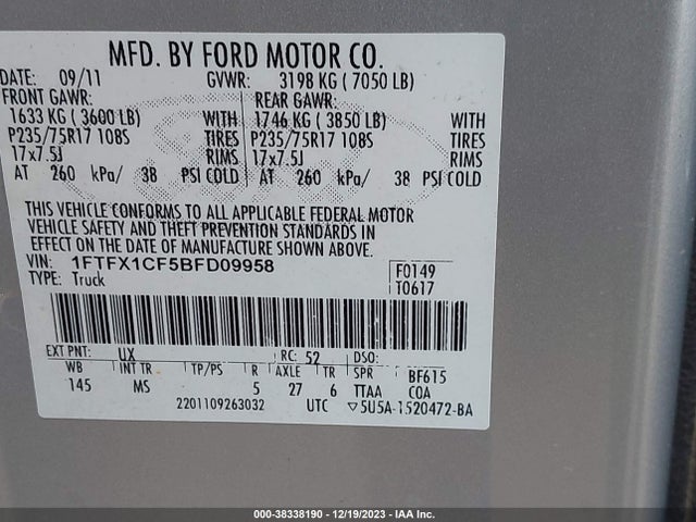 2011 FORD F-150 XLT VIN: 1FTFX1CF5BFD09958