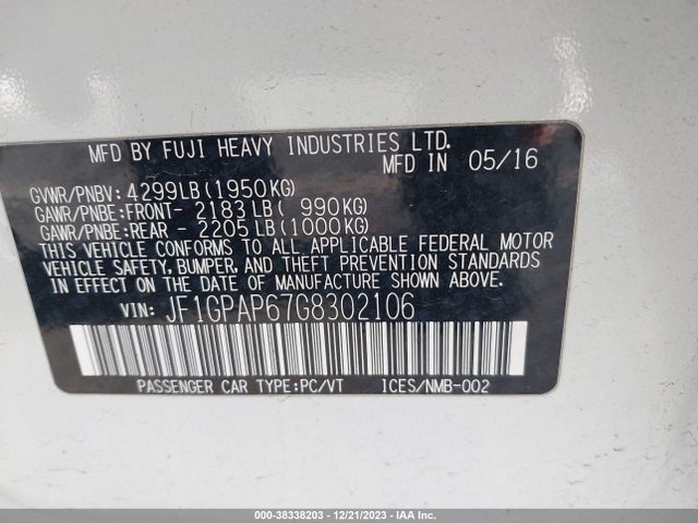 JF1GPAP67G8302106 Subaru Impreza 2.0i Sport Premium