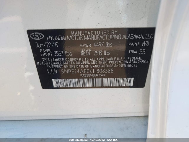 2019 HYUNDAI SONATA SE VIN: 5NPE24AF0KH808588
