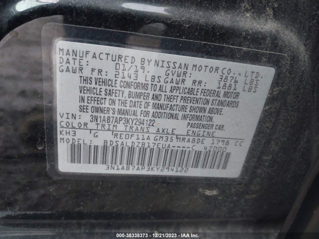 Nissan SENTRA SV 2019 3N1AB7AP3KY294122 Image 9