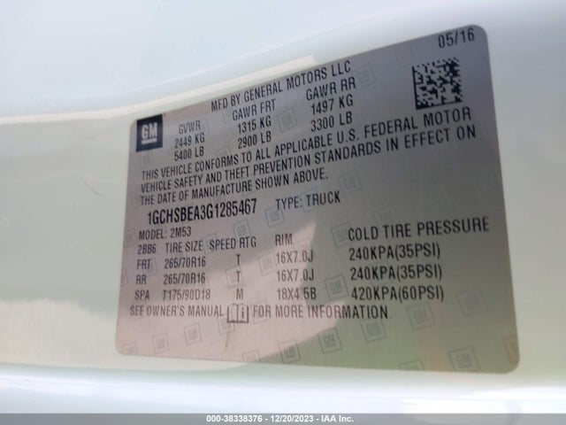 Chevrolet Colorado Wt 2016 1GCHSBEA3G1285467 Image 9