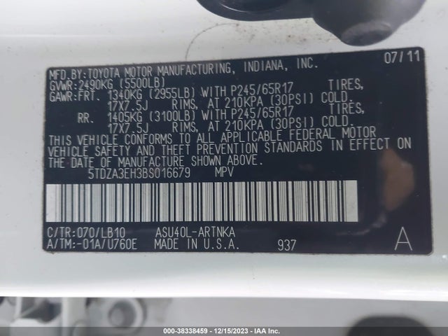 2011 TOYOTA HIGHLANDER SE VIN: 5TDZA3EH3BS016679