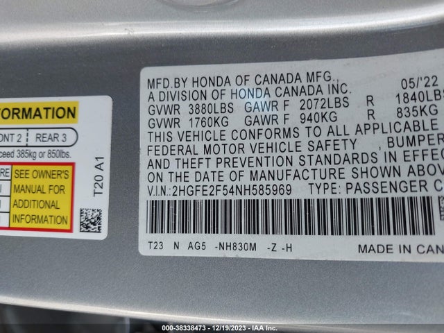 Honda Civic Sport 2022 2HGFE2F54NH585969 Image 9