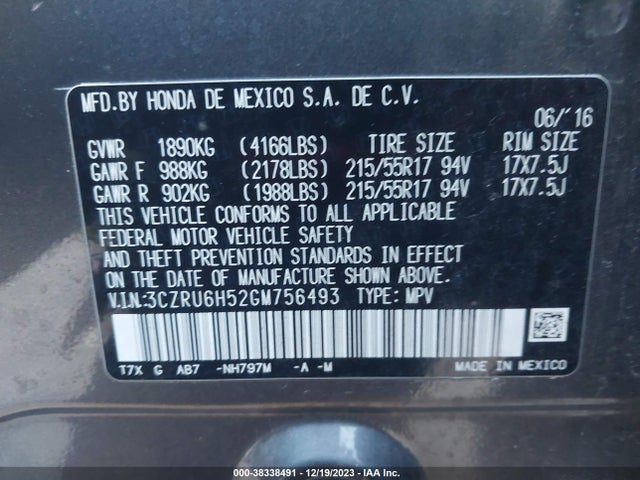 Honda HR-V EX 2016 3CZRU6H52GM756493 Image 9