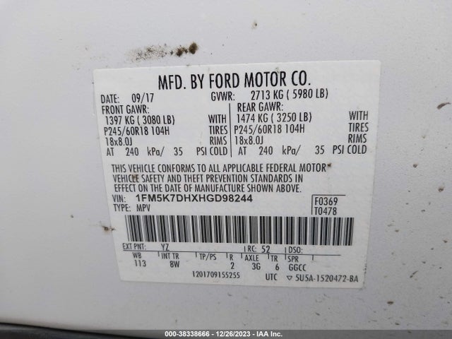 2017 FORD EXPLORER XLT VIN: 1FM5K7DHXHGD98244