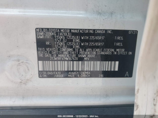 2021 TOYOTA RAV4 XLE VIN: 2T3W1RFV7MW167620