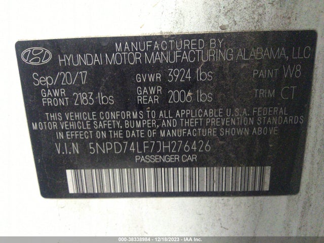 2018 HYUNDAI ELANTRA SE VIN: 5NPD74LF7JH276426