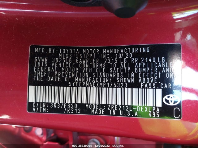 Toyota COROLLA LE 2021 5YFEPMAEXMP175323 Image 9