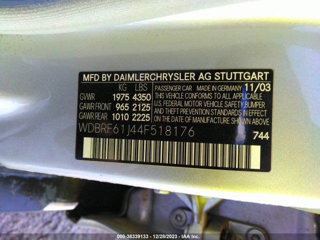 2004 MERCEDES-BENZ C 240 VIN: WDBRF61J44F518176