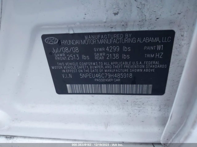 2009 HYUNDAI SONATA LIMITED VIN: 5NPEU46C79H485918