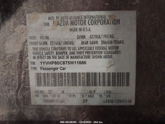 2007 MAZDA MAZDA6 I SPORT VE VIN: 1YVHP80C875M11886