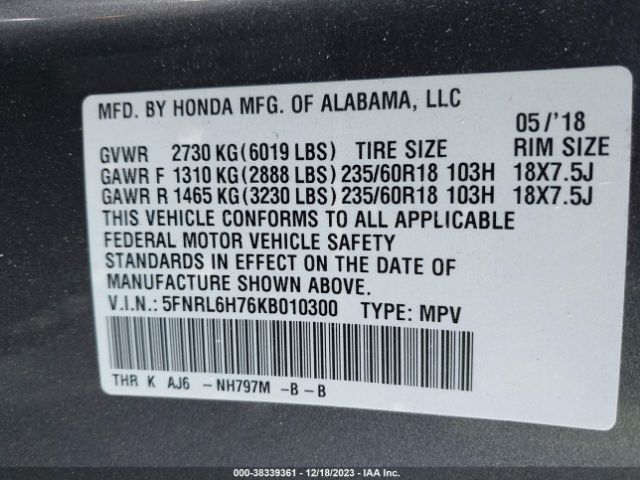5FNRL6H76KB010300 Honda Odyssey Ex-l