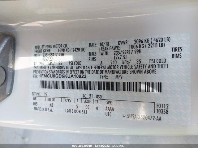 2019 FORD ESCAPE SE VIN: 1FMCU0GD6KUA10923
