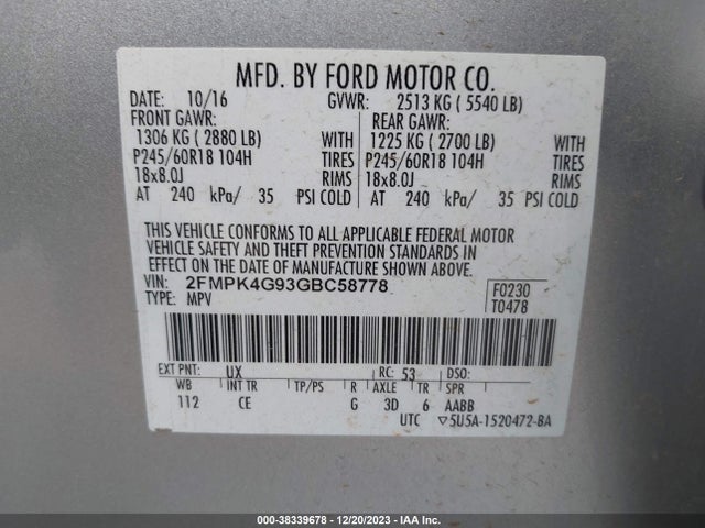 2016 FORD EDGE SE VIN: 2FMPK4G93GBC58778