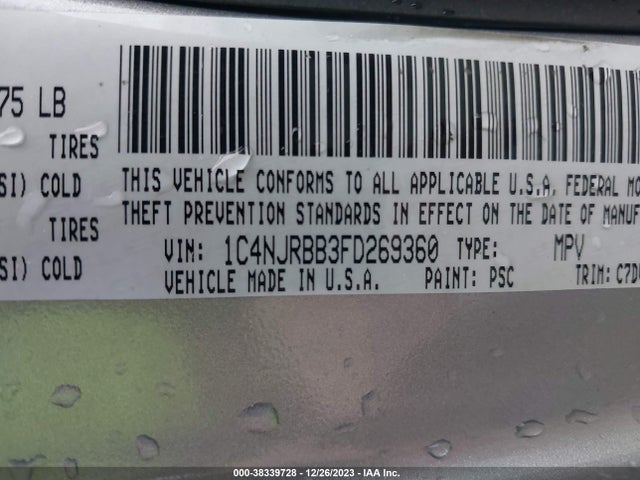 2015 JEEP PATRIOT SPORT VIN: 1C4NJRBB3FD269360
