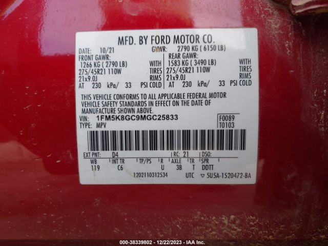 1FM5K8GC9MGC25833 Ford Explorer St