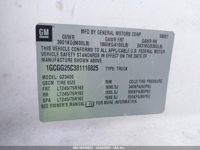 2008 CHEVROLET EXPRESS WORK VAN VIN: 1GCGG25C381116825