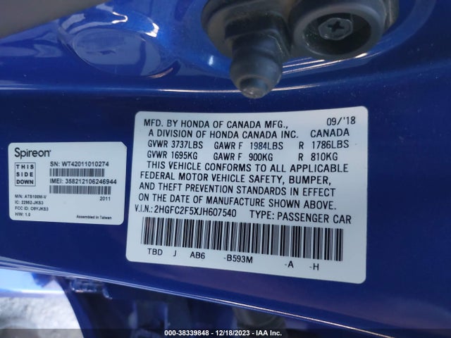 Honda Civic Lx 2018 2HGFC2F5XJH607540 Image 9