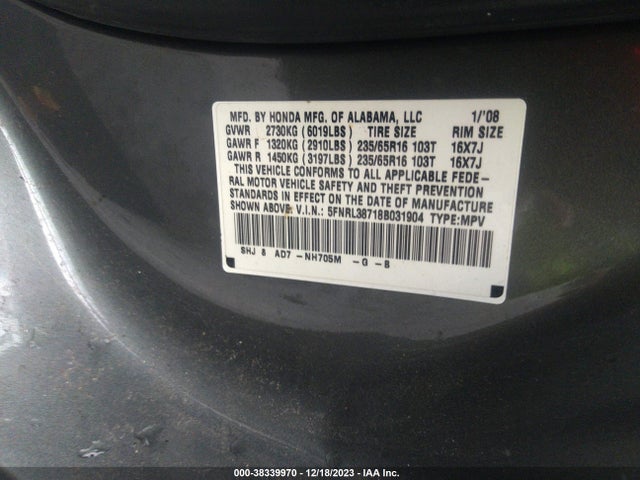 2008 HONDA ODYSSEY EX-L VIN: 5FNRL38718B031904