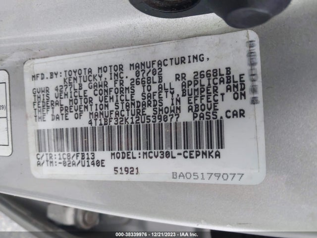 2002 TOYOTA CAMRY LE VIN: 4T1BF32K12U539077