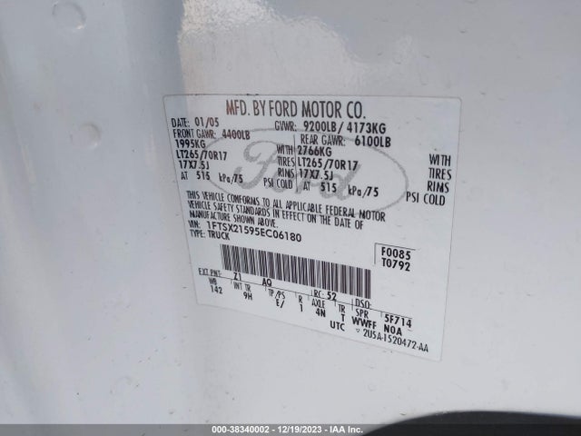 2005 FORD F-250 LARIAT/XL/XLT VIN: 1FTSX21595EC06180