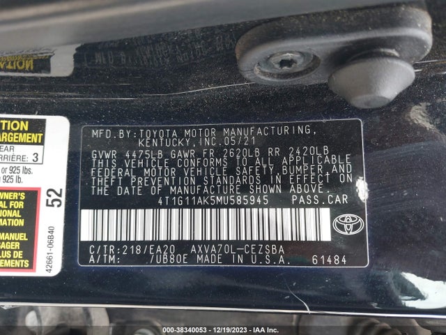 Aukcja sprzedaży 2021 Toyota Camry Se, vin: 4T1G11AK5MU585945, numer aukcji: 38340053