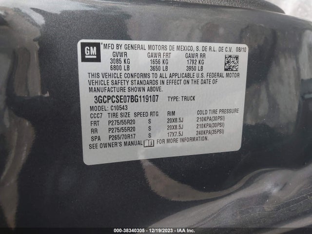 2011 CHEVROLET SILVERADO 1500 LT VIN: 3GCPCSE07BG119107
