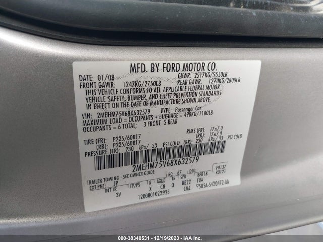 2008 MERCURY GRAND MARQUIS LS VIN: 2MEHM75V68X632579