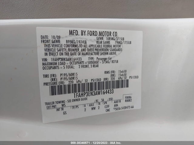 2010 FORD FOCUS S VIN: 1FAHP3EN3AW164433