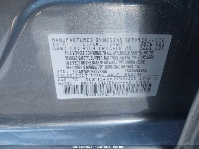 2019 NISSAN SENTRA S VIN: 3N1AB7AP0KY272286