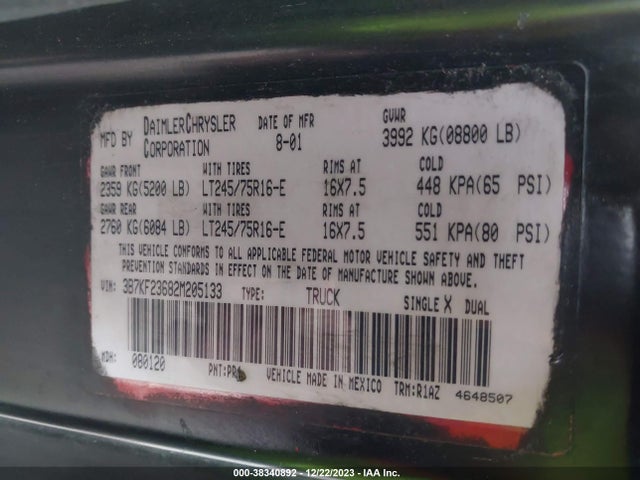 2002 DODGE RAM 2500 SLT VIN: 3B7KF23682M205133