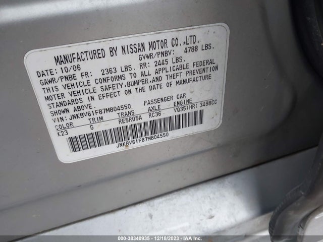 2007 INFINITI G35X VIN: JNKBV61F87M804550