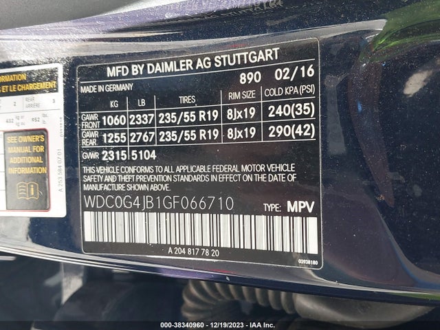 2016 MERCEDES-BENZ GLC 300 VIN: WDC0G4JB1GF066710