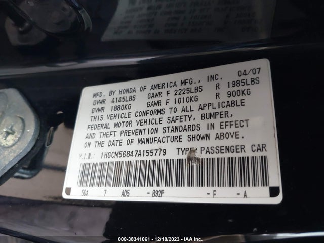 2007 HONDA ACCORD 2.4 EX VIN: 1HGCM56847A155779
