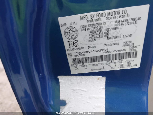 2012 FORD ESCAPE XLT VIN: 1FMCU0DG1CKA25101