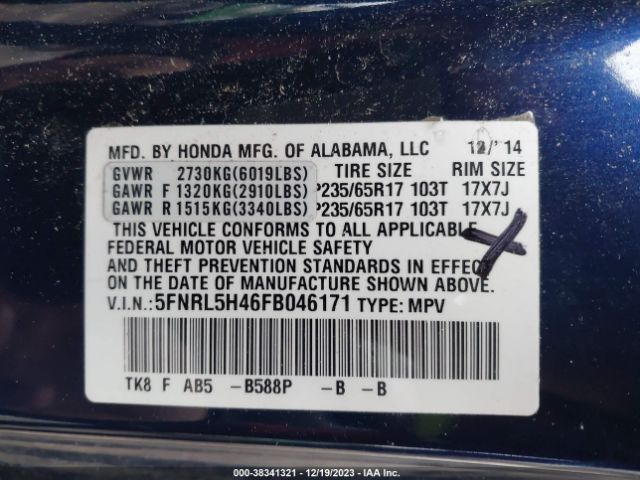 5FNRL5H46FB046171 Honda ODYSSEY EX