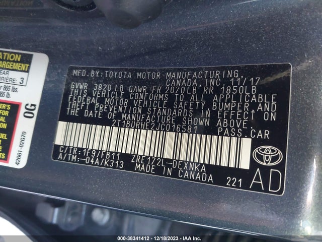 2018 TOYOTA COROLLA LE VIN: 2T1BURHE2JC016581