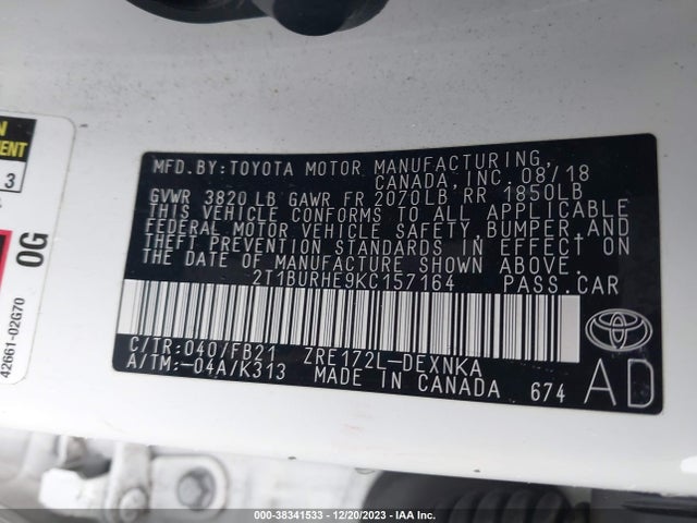 2019 TOYOTA COROLLA LE VIN: 2T1BURHE9KC157164