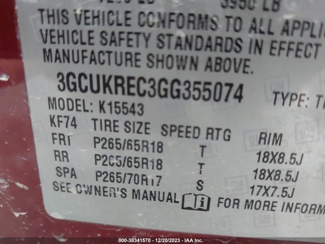 2016 CHEVROLET SILVERADO 1500 1LT VIN: 3GCUKREC3GG355074